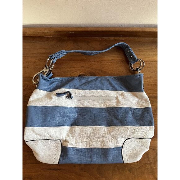 Angel Barcelo Nautical Stripes Tote Bag In Blue & White Pebbled Leather - Picture 2 of 9